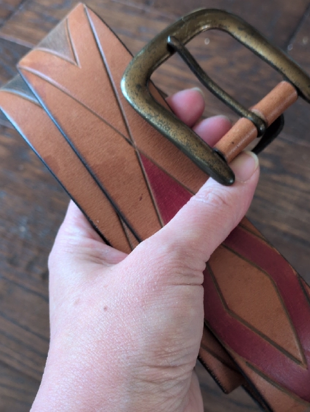 GAP I Vintage Cognac Brown Leather Belt with Red, Green & Black Diamond Belt, M - Picture 3 of 16